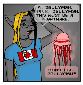 A grey anthro cat, with blong and black hair, talking to a pink, floating jellyfish. Dialoge: 
Cat: "A... Jellyfish. Pink... Jellyfish. This must be a nightmare." 
Jellyfish: "Don't like jellyfish?"