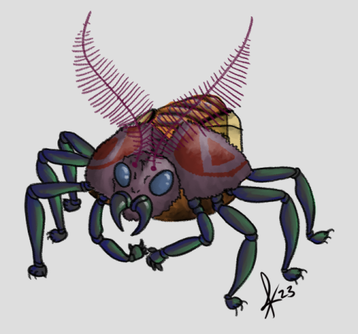 A strange beetle-like alien with a fly-like face, furry purple fur, fuzzy antennae, six insectoid legs and two insectoid hands. 