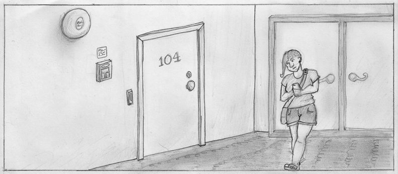 Black and white pencil drawn comic panel of a 20 something woman with shaved hair walking down the hallway of an apartment building.